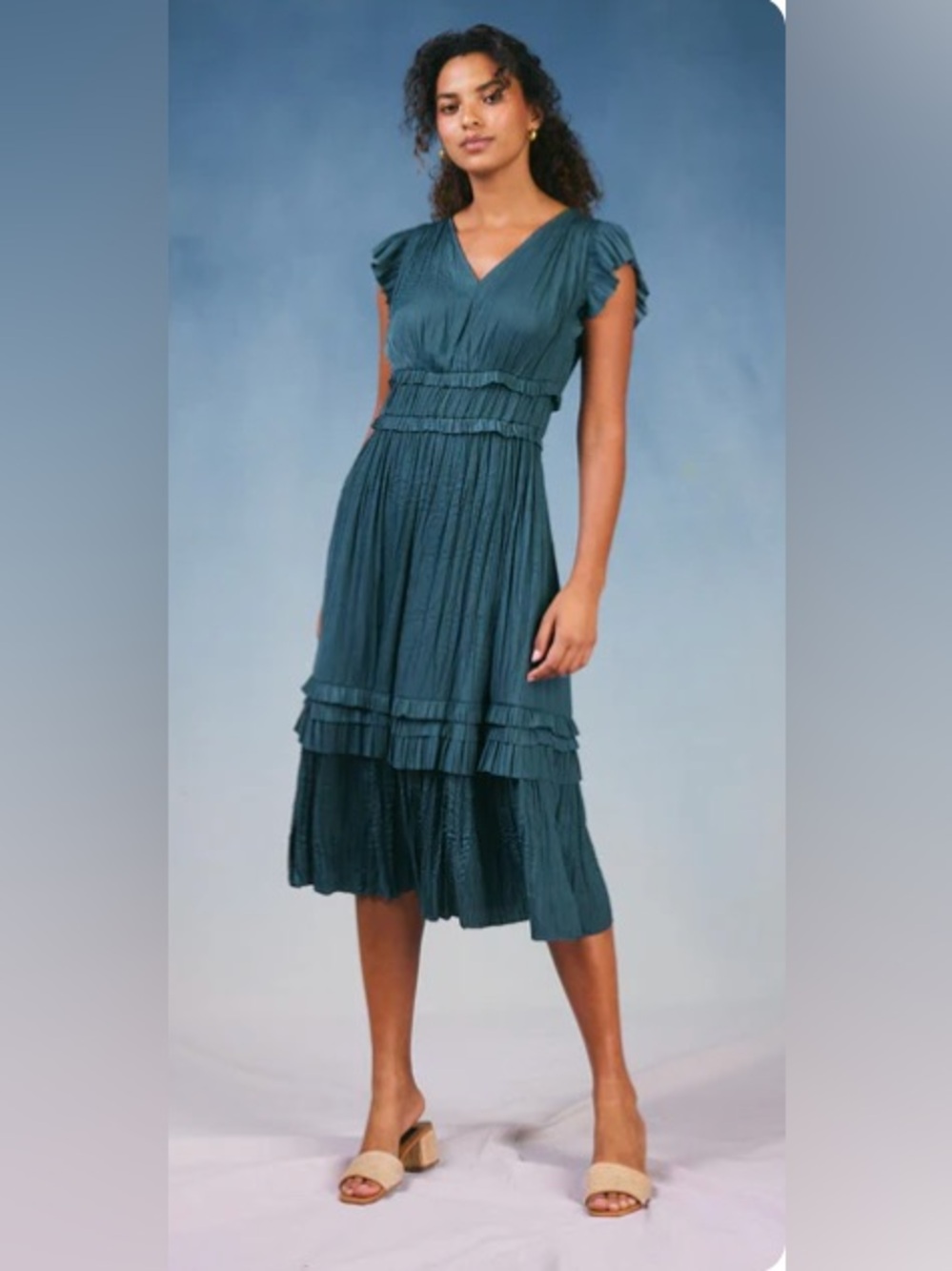 NWT Current Air Sierra Pleated Short-Sleeve Maxi Dress in Slate Green L